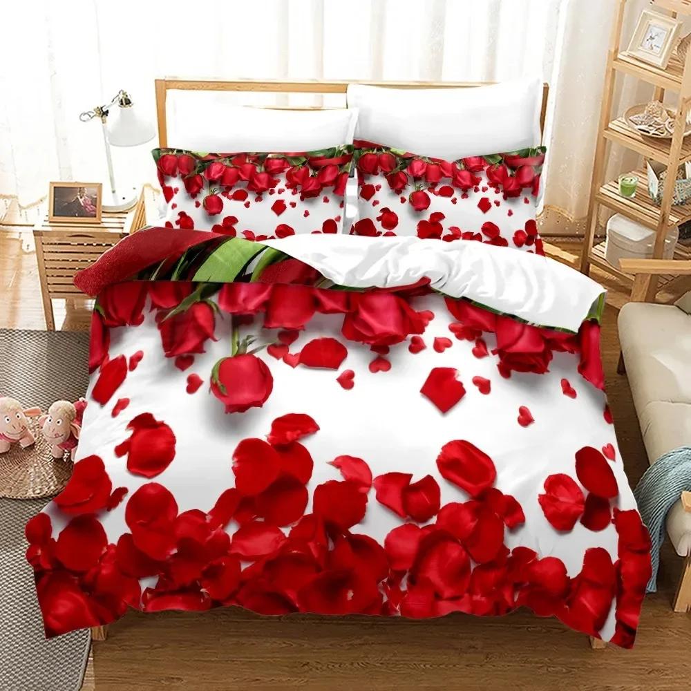 Red Rose Bedding Set Flowers Comfortable Duvet Quilt Cover Pillowcase Bedding Set Children Bedroom Decoration Home Textile