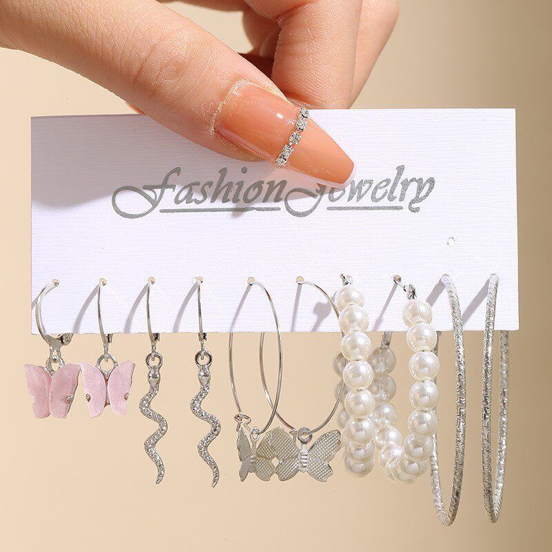 New Arrival Stylish Silver Earrings Suit Fashion Inlaid Pearl Earrings Circle Simple Cold Style Ear Ring
