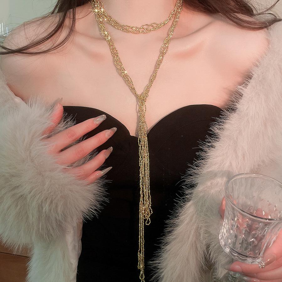 European & American Geometric Glass Beaded Tassel Necklace – Stylish High-End Sweater Chain