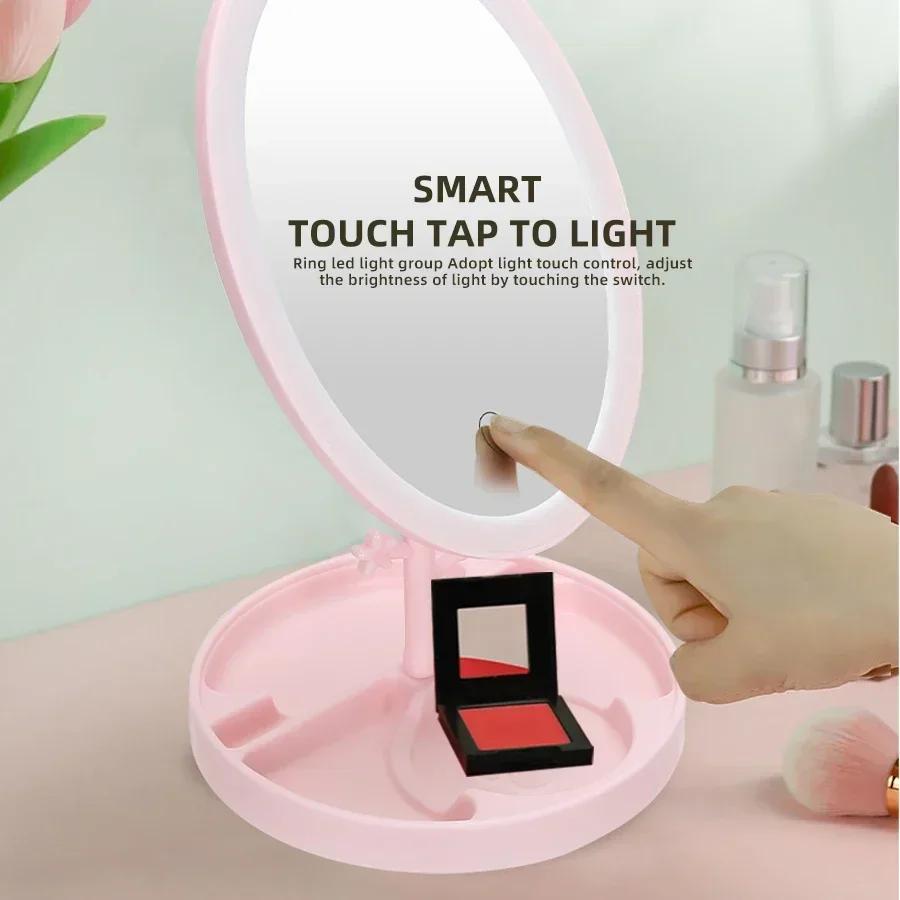 Ovaler Schminkspiegel USB-Aufladung Ausdauer Drei Lichtquellen nach Belieben schalten Mädchenwohnheim Desktop Faltbarer Vintage-Spiegel