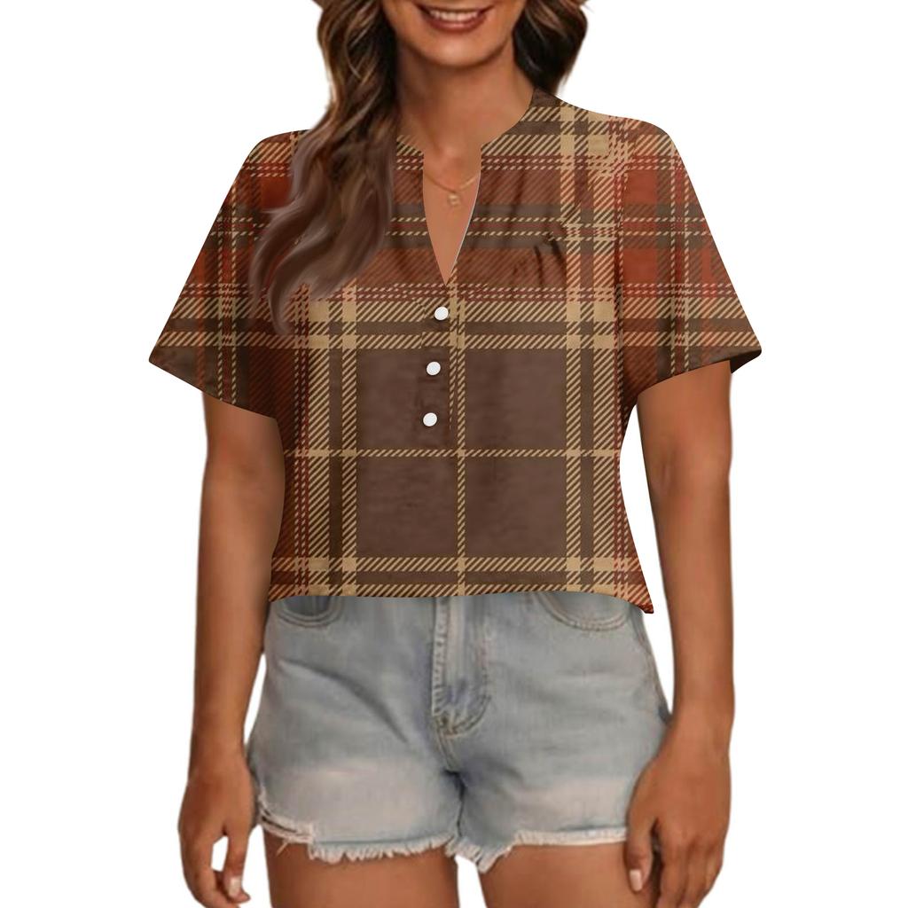 Women's Fashionable Casual V Neck Button Up Oversized Short Sleeve Printed Top