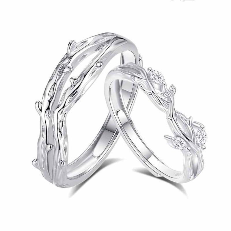 New Exquisite 925 Sterling Silver Inlaid Tiny Zircon Tree-branch Couple Rings for Women Man Wedding Jewelry Valentine's Day Gift