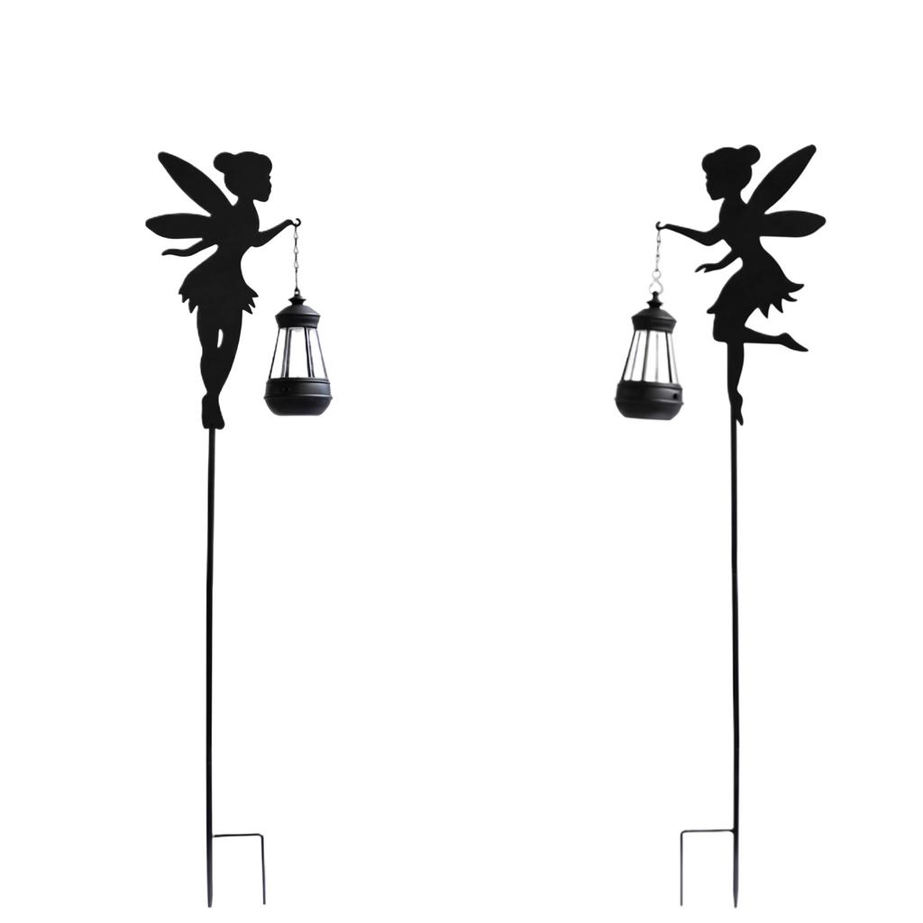 Solar Powered Outdoor Garden Fairy Stake Lights Metal Silhouette Decorative Lantern Holder for Yard Patio Lawn Pathway Lighting