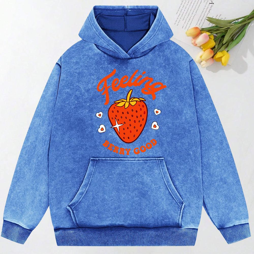 Feeling Berry Good Strawberry Print Washed Women Hoodies Cartoon Hoody Loose Top Cotton Multicolor Pullover