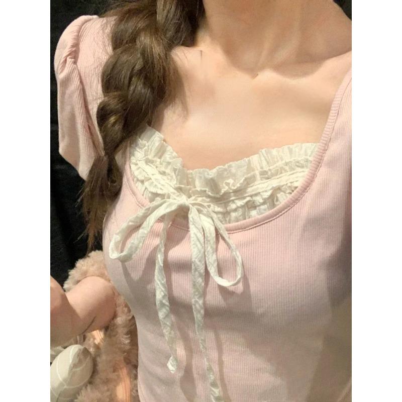 

Милая блузка в стиле кавай, женская вечерняя элегантная укороченный топ Y2K, офисная женская повседневная рубашка с коротким рукавом, корейская мода, шик S розовый