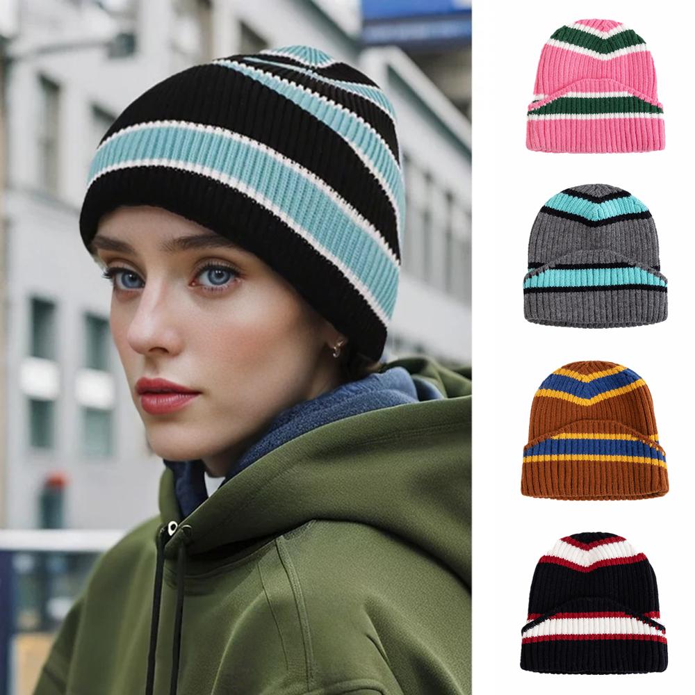 Unisex Kpop Style Winter Hats,Fashionable Beanie Hats For Young People, Couple Street Hats, Elegant Striped Design Knitted Hats