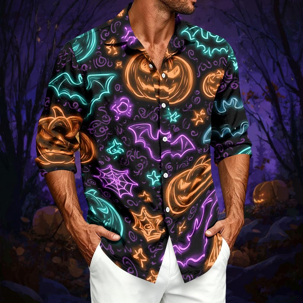 Men's Casual Long Sleeve Print Shirt with Halloween Design for Spring and Fall