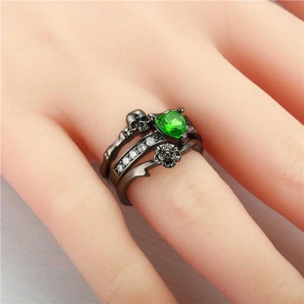 Gothic Embedded Dark Skull Heart-Shaped Promise Men's and Women's Rings Couple Rings Set