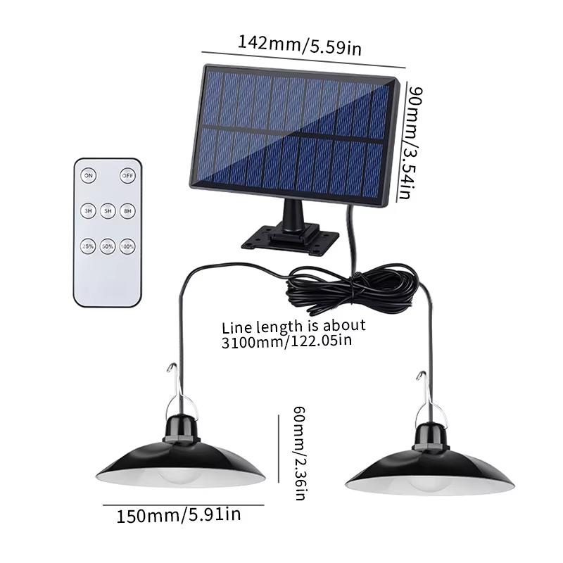 Solar-Pendelleuchte mit Einzel-/Doppelkopf, LED-Solarleuchte, Weißes Licht mit Fernbedienung, Kronleuchter, Camping, Außenbereich, Garten