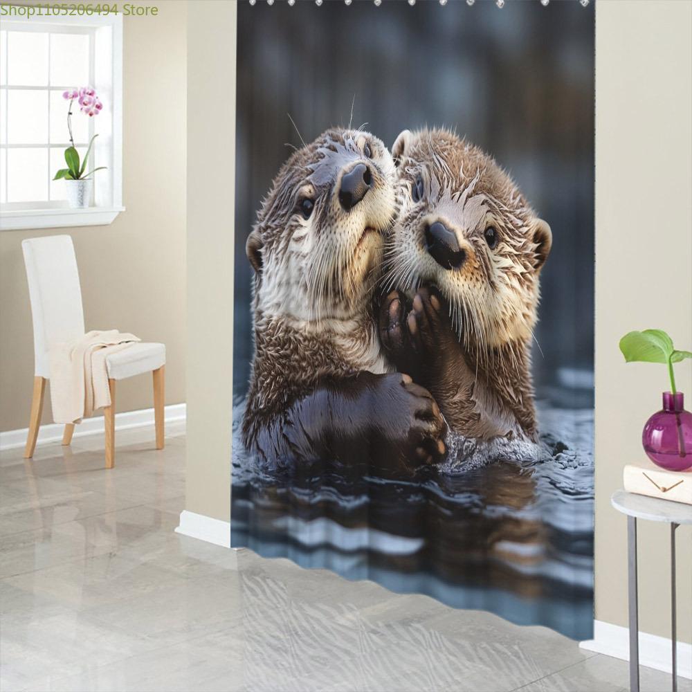 1pc Otter Embrace Shower Curtain - Watercolor Style Brown & White Fur with Expressive Eyes, Polyester Fabric Bathroom Decor, 1