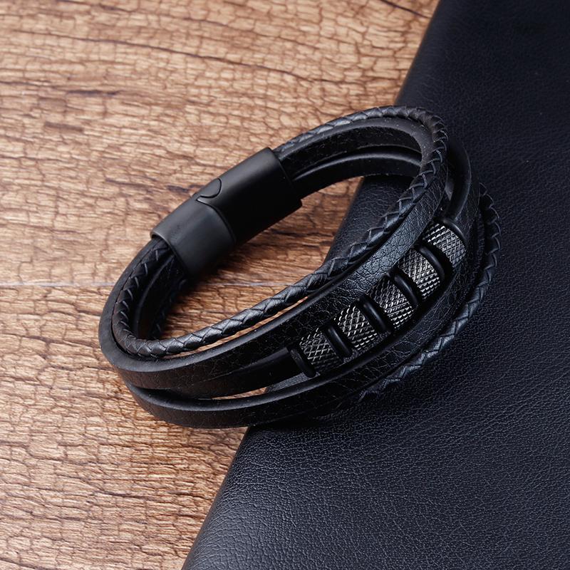 Luxury Stainless Steel Beaded Bracelet Fashion Men's Jewelry Classic Multilayer Braided Leather Bracelet Homme New Year Men Gift