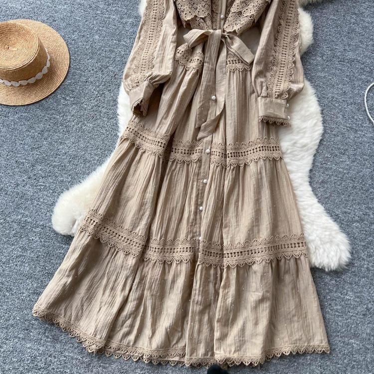 Sexy Vintage Lace Lace Up Glitter A Line Long Sleeve Beach Dress Chic Summer Vacation Vestidos for Women
