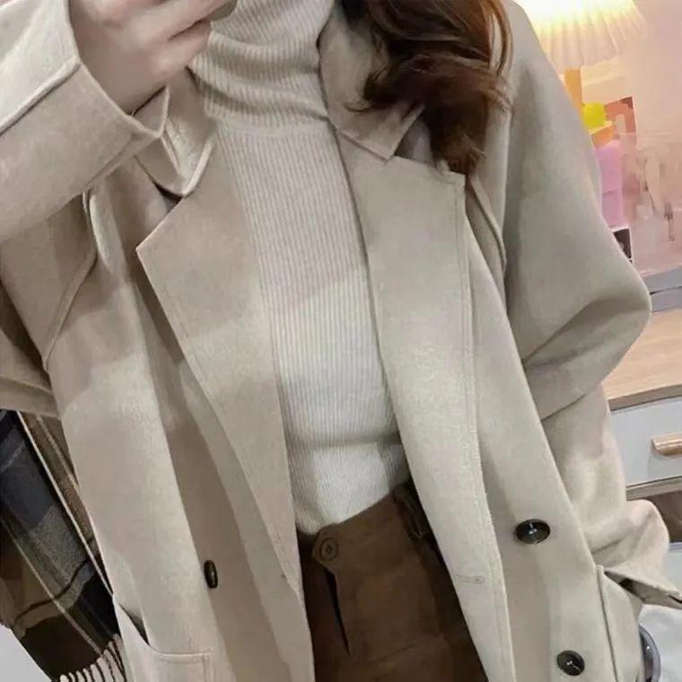 Women's Korean-Style Woolen Lapel Coat – Small Size, Loose Fit, Versatile for Spring & Autumn 2024