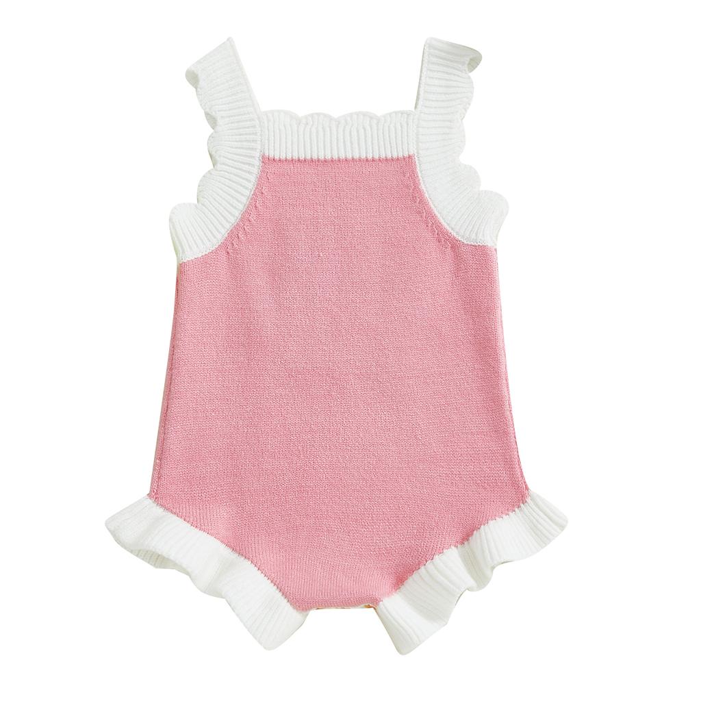 Dívčí jarní/letní pletený overal bez rukávů s volánky a třešňovým potiskem