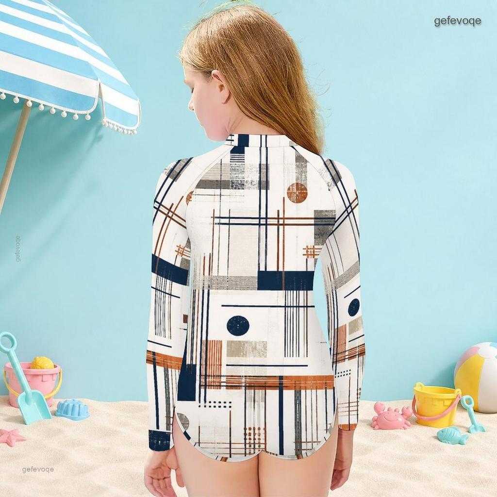 Girls High Neck Long Sleeve Front Zip Geometric Printed One Piece Swimsuit
