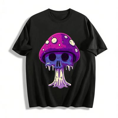 Dark Style Skull Mushroom Print Trendy Casual Crewneck Top Pure Cotton T-shirt