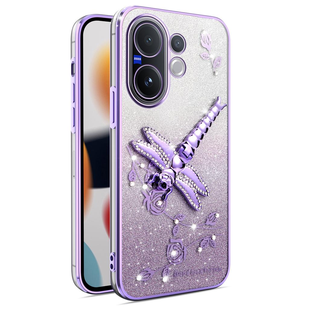For Vivo V60 5G Case Dragonfly Kickstand TPU Flowers Glitter Phone Cover