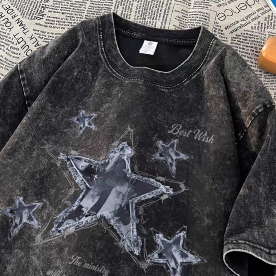 Cotton Washed Short-sleeve Printed T-shirt, Loose, Casual, Minimalist, and Unique Street Style American Vintage Top Wash Short Sleeve Cotton Tee