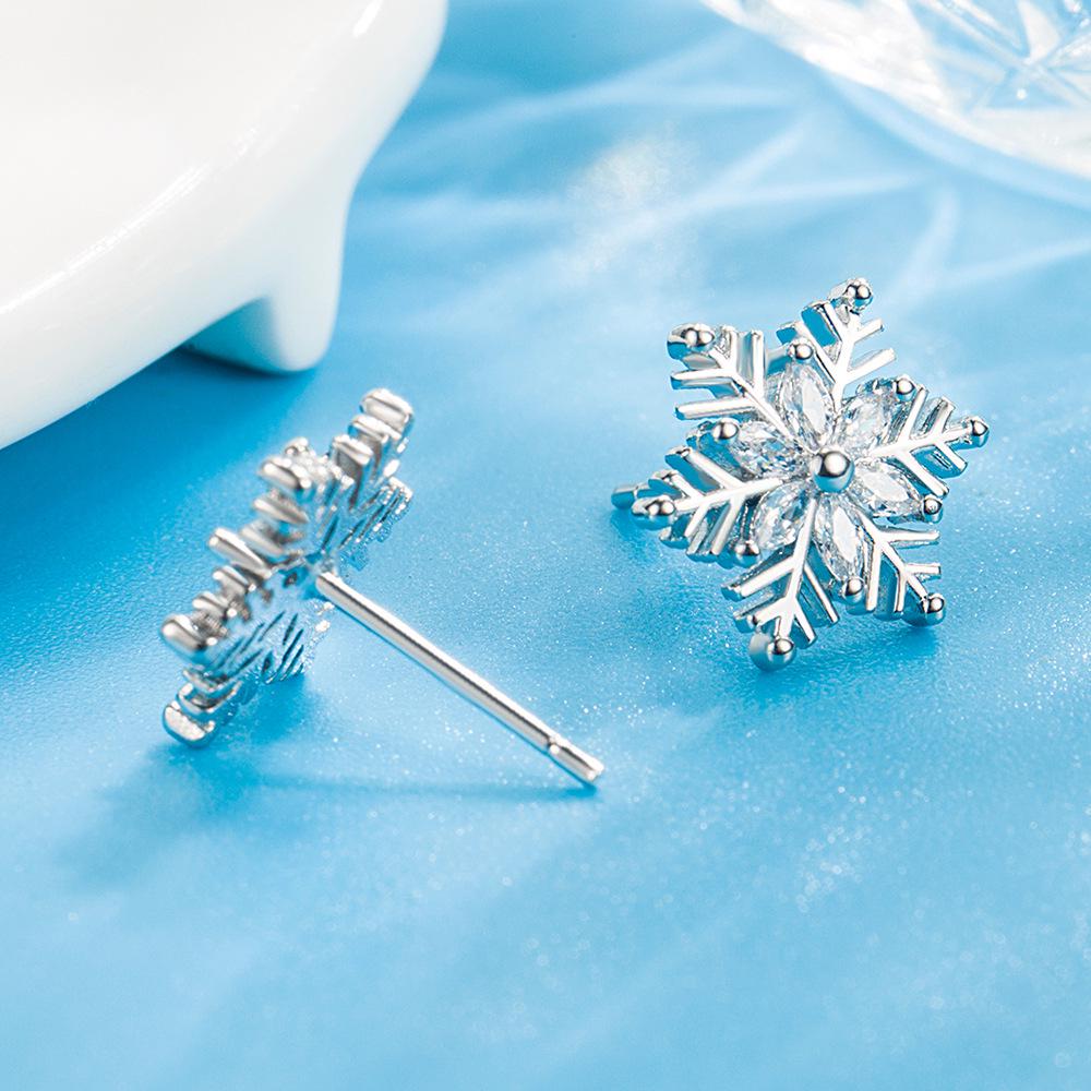 Sterling Silver Snowflake Stud Earrings with Marquise Cut Diamonds – Elegant Women's Christmas Fashion