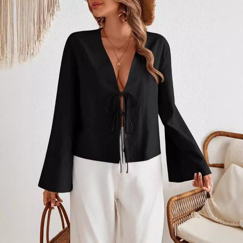 Blouses &Shirts Fashion Women's Clothing Lace-up Long-sleeved Top Shirt Casual Loose V-neck Hollow Solid Color