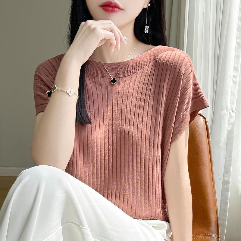 Fashion Slash Neck Women Sweater Ice Silk Spring Summer Knitted Sweater Loose Casual Korean Shirts Short Sleeve Knitwears
