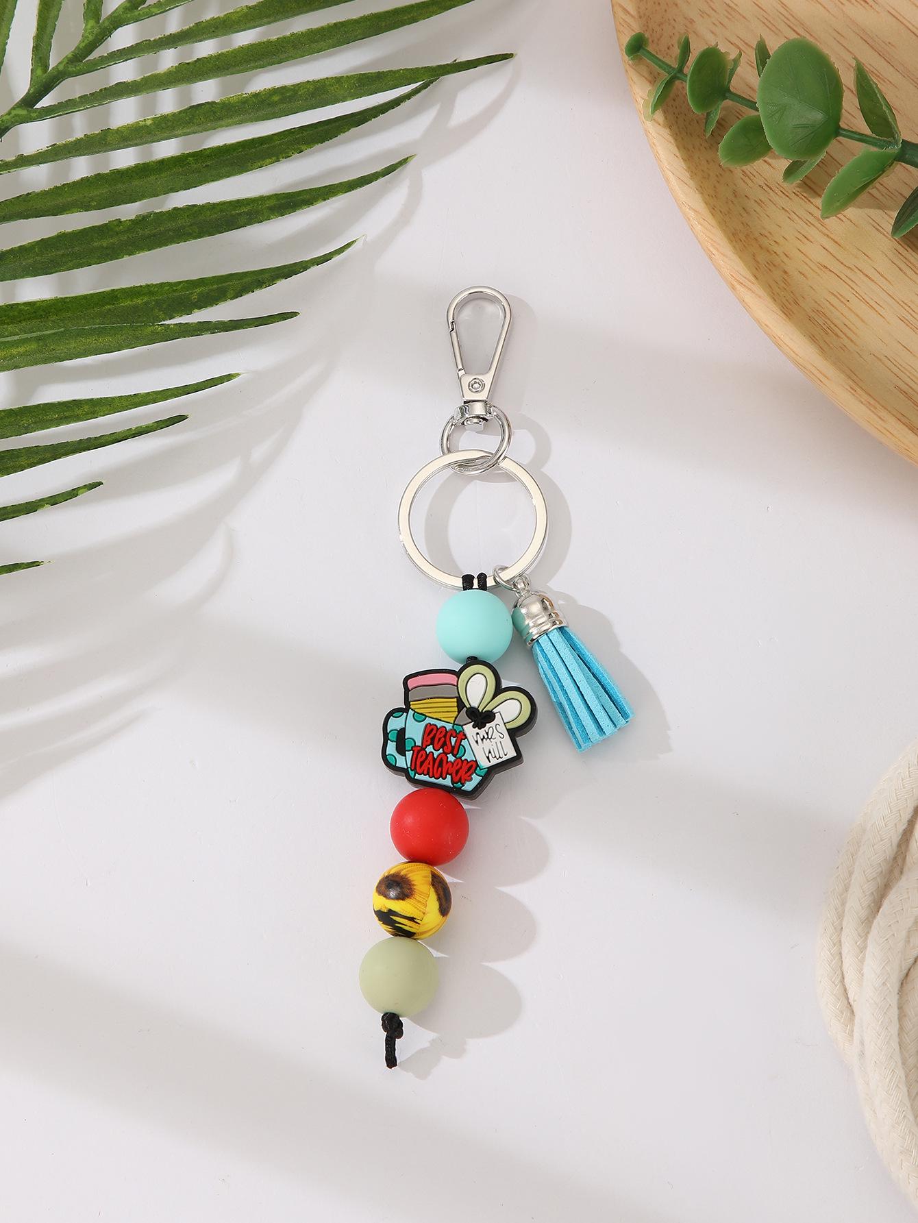 Silicone Beaded Bracelet Keychain with Tassel
