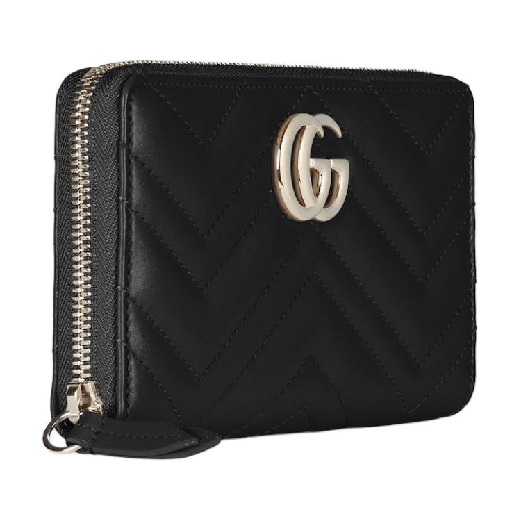 Gucci GG Marmont Black Quilted Leather Zip Around Long Wallet With Gold Double G Logo For Women Luxury Daily Use