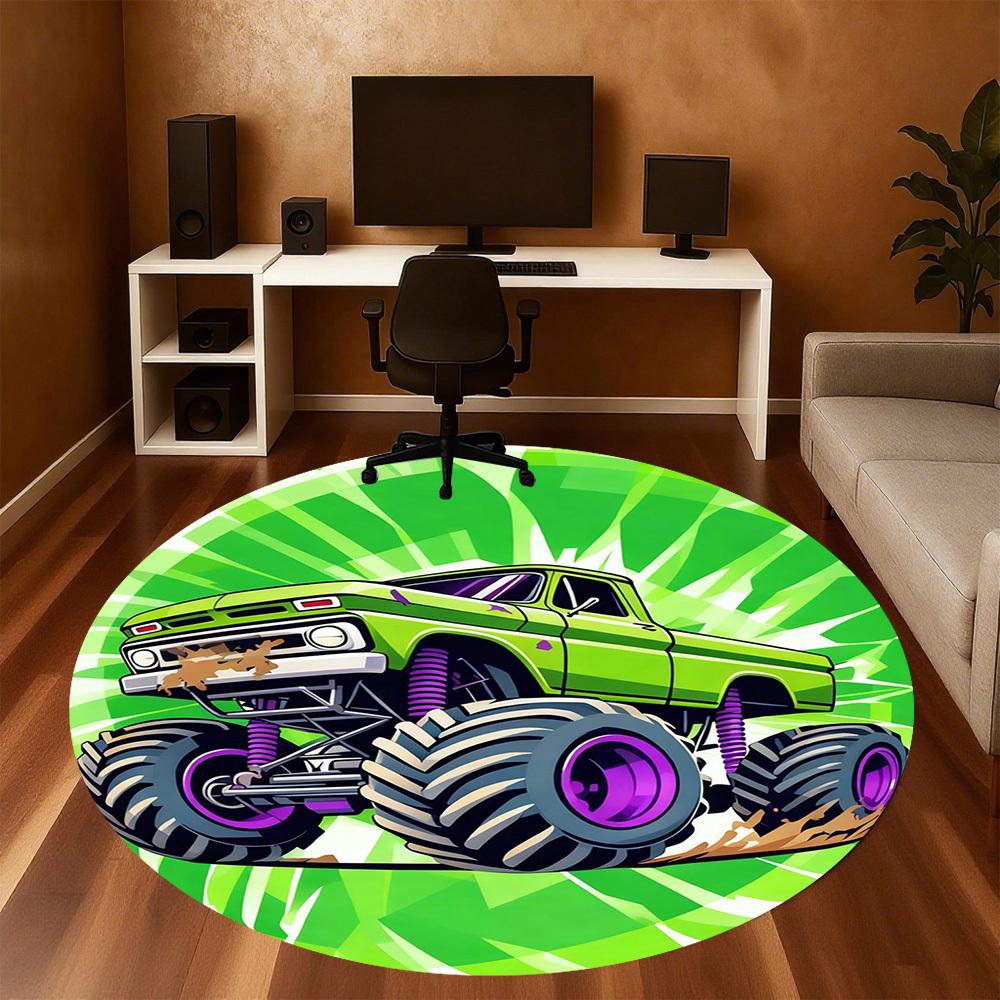 1PC Monster Truck Round Chair mat Area Rug - Non-Slip, Floor Mat for Office, Bedroom, and Indoor Decor -Gift D1127196
