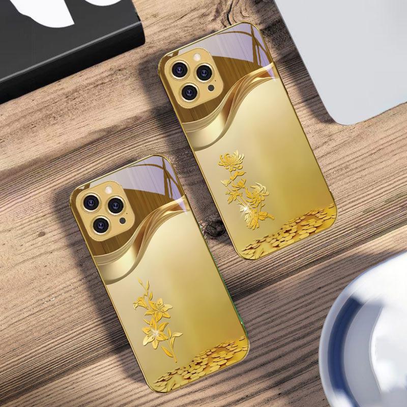 Golden Orchid Flower For IPhone 16 Pro Max 15 P Ro 14 M Ax 13 Plus 12 Mini 11 XS Max XR Golden Tempered Glass Phone Case