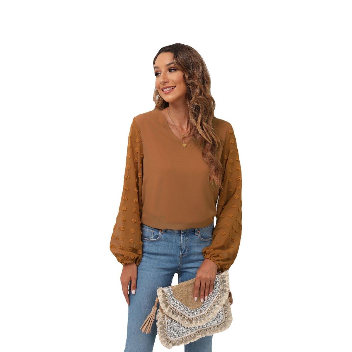 

Spring Summer New Women s Blouse, V Neck Patchwork Long Sleeve Chiffon Top With Lining, European American Style Casual Ladies Tops S оранжевый