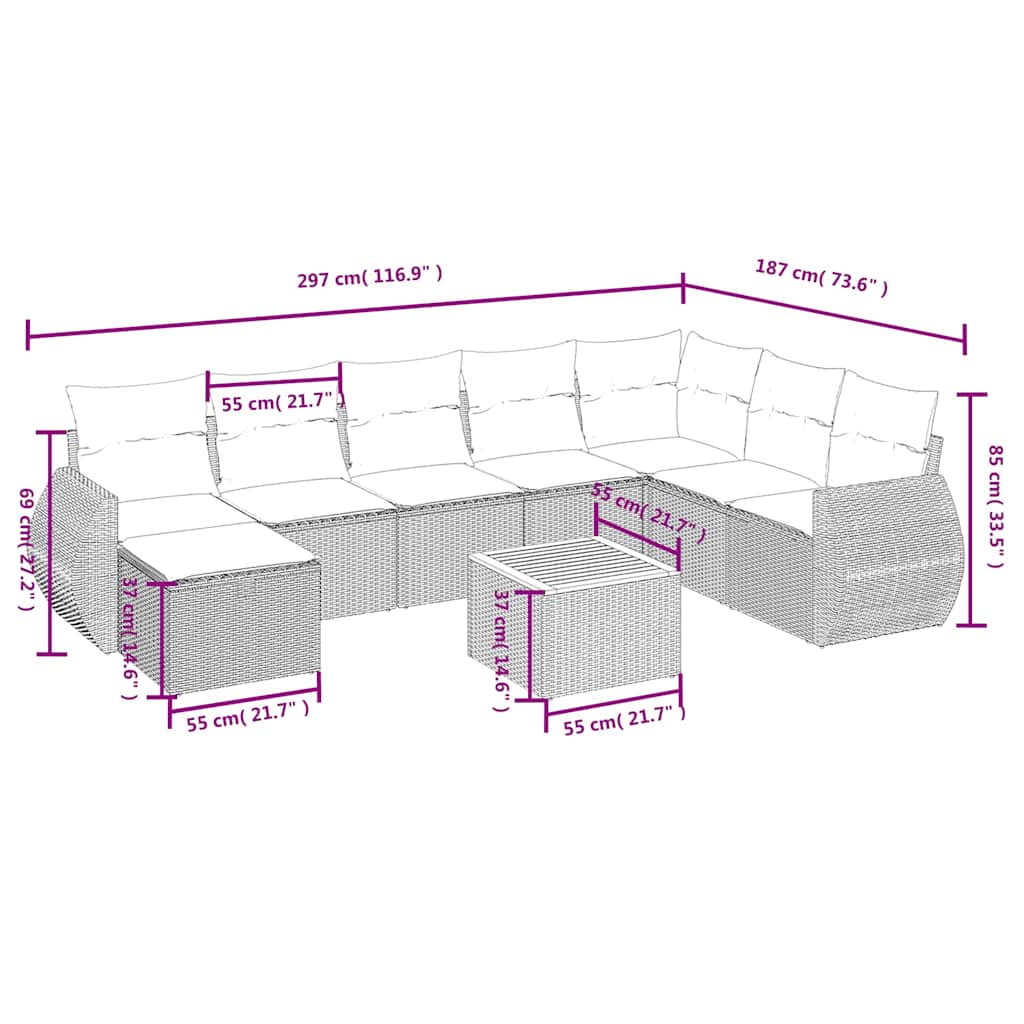 9 piece Garden Sofa Set with Cushions Black PE Rattan