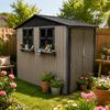 Galvanized Steel Garden House 254.2x170.2cm (4.33 m²), Brown, with Two Openable Double Windows, Lockable Double Doors and Decorative Flower Rack