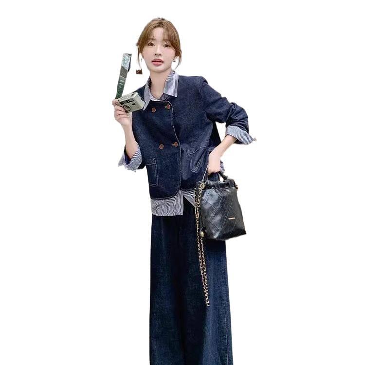 2025 New Women's Faux Two-Piece Denim Set: Petite Korean-Style Wide-Leg Pants for Early Autumn