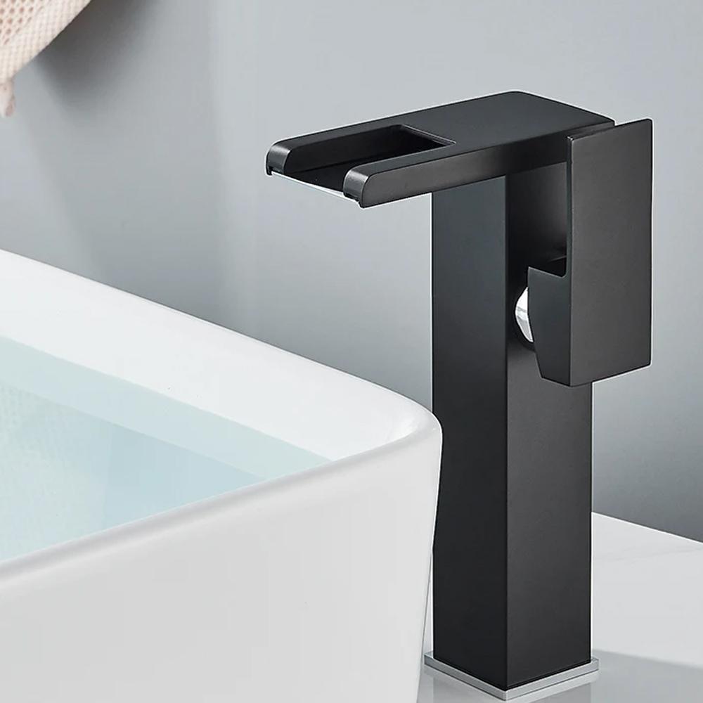 Black Tall LED Waterfall Basin Bathroom Faucet Deck Mounted Hot Cold Water Mixer Taps Three Color Change By Water Flow