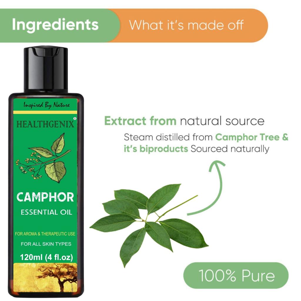 HEALTHGENIX Camphor Essential Oil - 120ml | Free Rose Water - 60ml | Camphor Oil For Strengthens Hair Roots, Skin Itching, Soothes Burns & Diffuser |