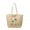 Summer Beach Straw Bag with Palm Tree Embroidery, Large Woven Tote for Women, Casual Shoulder Handbag for Vacati