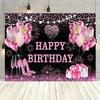 1pc Happy Birthday Backdrop Banner Holiday Party Decoration - Black Background with Pink Gold Heart Shape Champagne Glasses