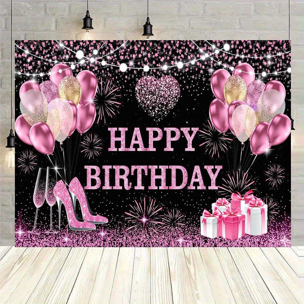 1pc Happy Birthday Backdrop Banner Holiday Party Decoration - Black Background with Pink Gold Heart Shape Champagne Glasses