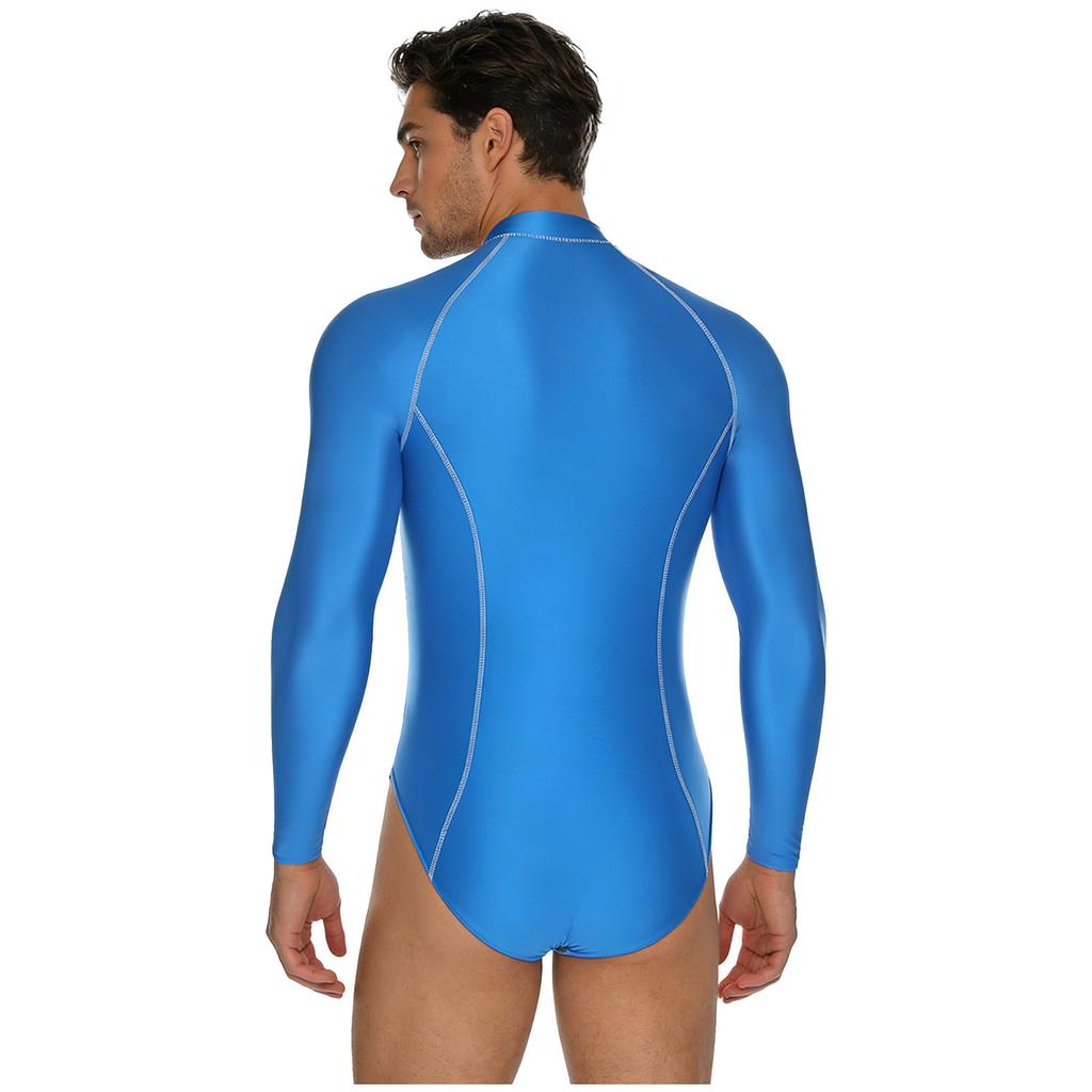 #M-4XL Mens Glossy Bodysuit Mock Neck Long Sleeve Front Zipper Leotard Jumpsuit Rash Guard for Beach Surfing Swimming Workout