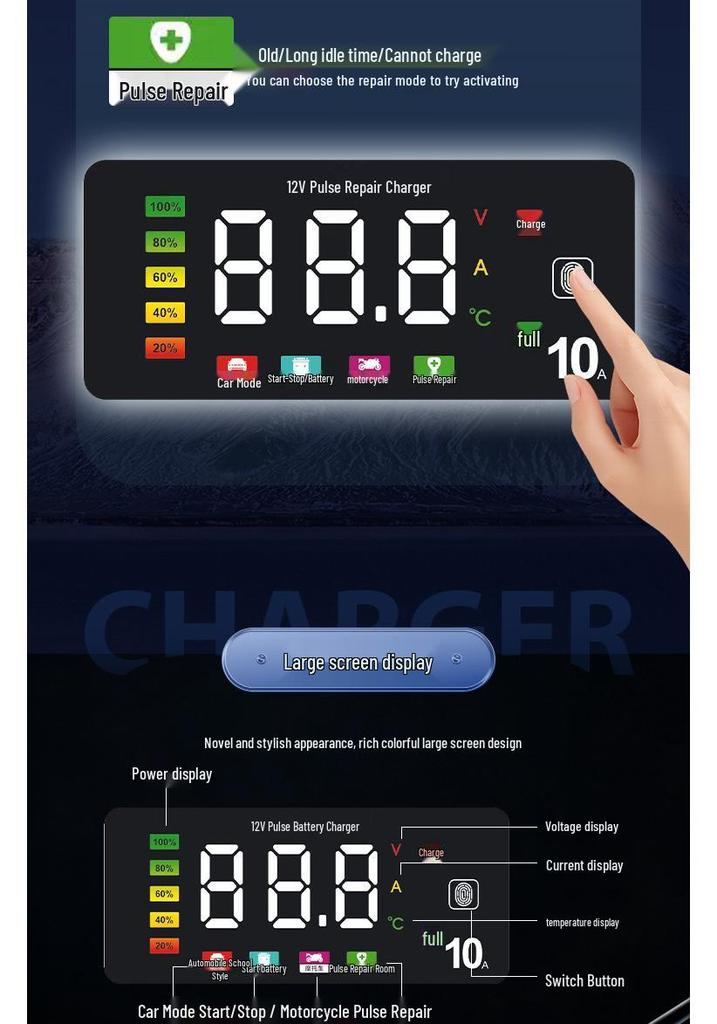 Smart Pulse 12V 10A Charger for Motorcycle and Car Batteries