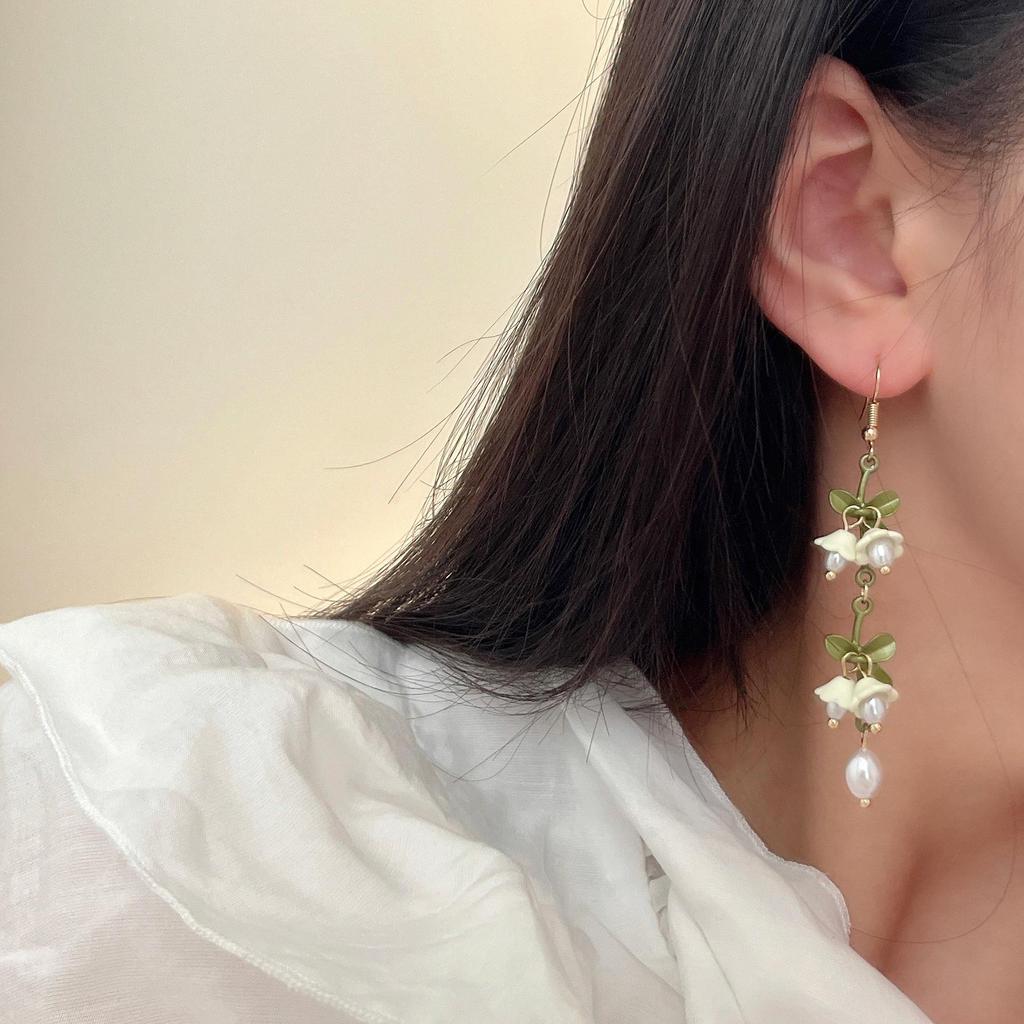 Weißes Maiglöckchen Schmuckset: Ohrringe, Armband, Halskette - Mori-Stil Sommerfee Schlüsselbeinkette & Ohrclips.