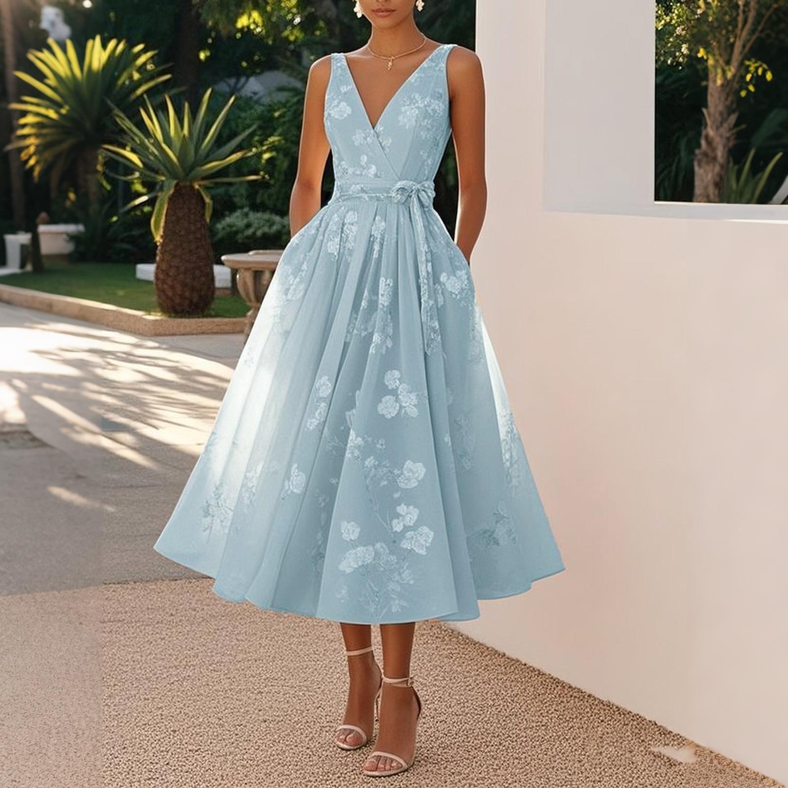 

Sleeveless V Neck Floral Print Midi Dress Wrap Waist Tie Elegant Evening Party Dress for Women XL
