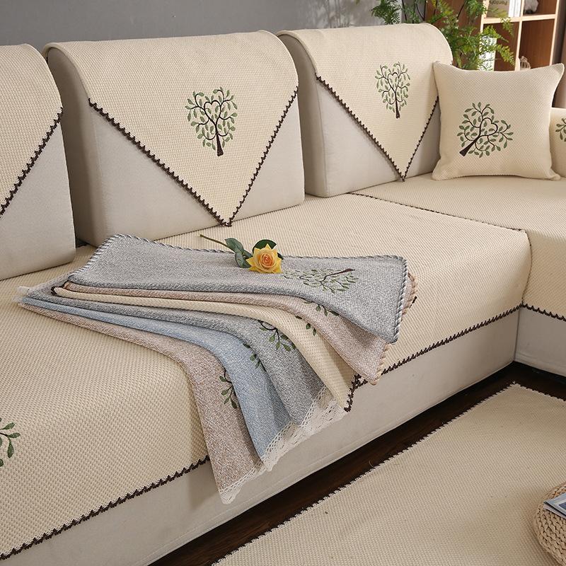 Four Seasons Non-Slip Embroidered Sofa Cushion Cotton Fabric Living Room Universal Linen Thickened Modern Simple Solid Color Sofa Towel