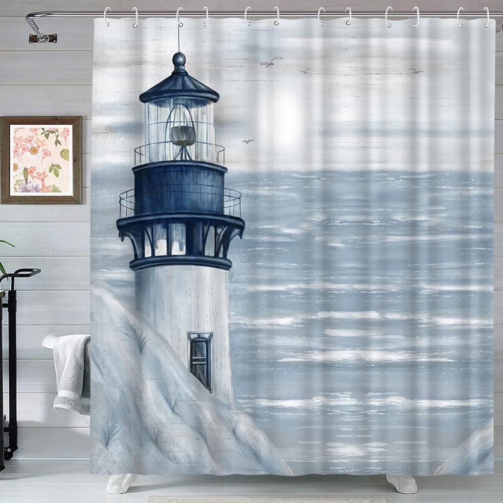 Nautical Lighthouse Shower Curtain Beach Coastal Sunset Sail Boat Retro Scenery Bathroom Decor Bath Curtain With Hooks