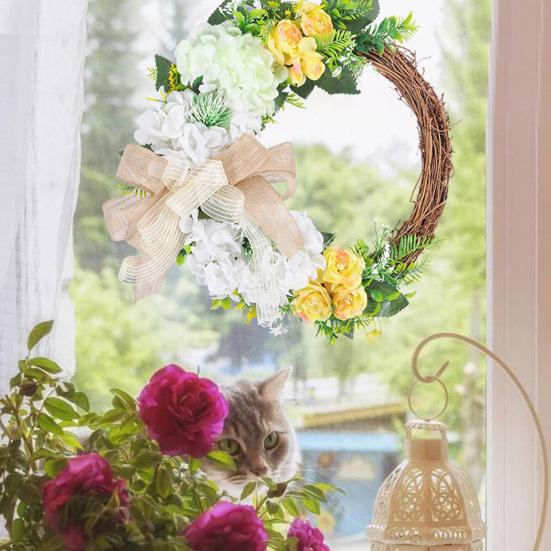 Spring Rattan Wreath Artificial Hydrangea Rose Wreath for Front Door Lifelike