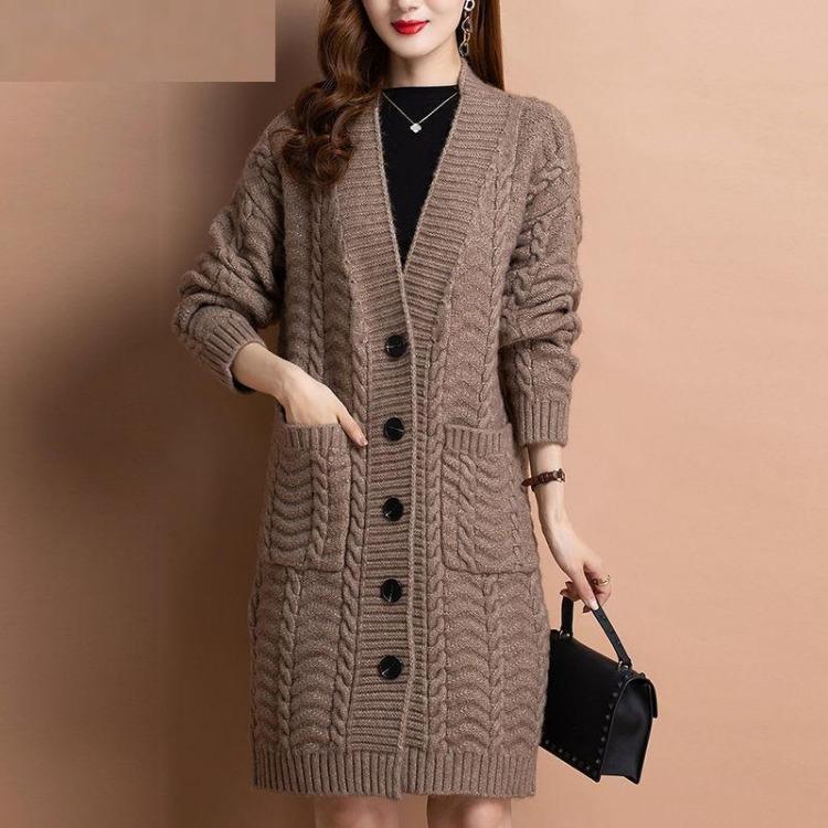 Women Loose Large Size Mid Length Sweater Cardigan Autumn Winter Knitwear Jacket Outer Wear