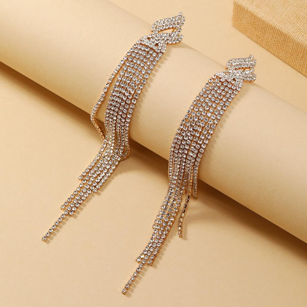 European Alloy Rhinestone Water Drop Tassel Earrings for Women