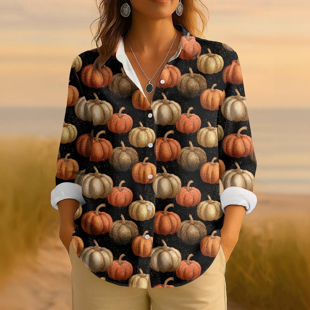 Dame Retro Halloween Trykket Knappelukking Langermet Casual Vanlig Skjortekrage Topp