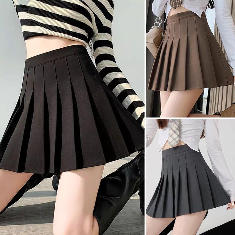 Fashion Women Solid Pleated A-Line Skirt Anti-Burnout High Waist Short Skirt