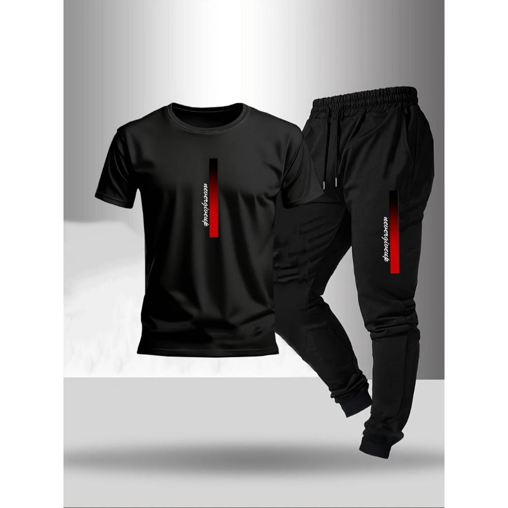 Men's Fashionable Letter Gradient Printed Breathable T-shirt and Drawstring Pants Set Suitable for Outdoor Casual Wear